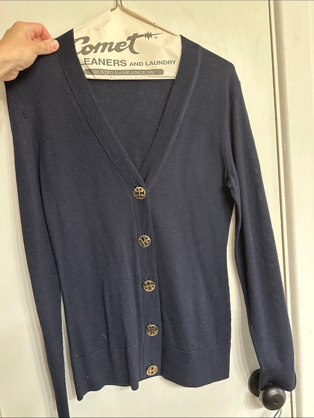 Tory Burch Navy V-Neck Cardigan with Gold Logo Buttons